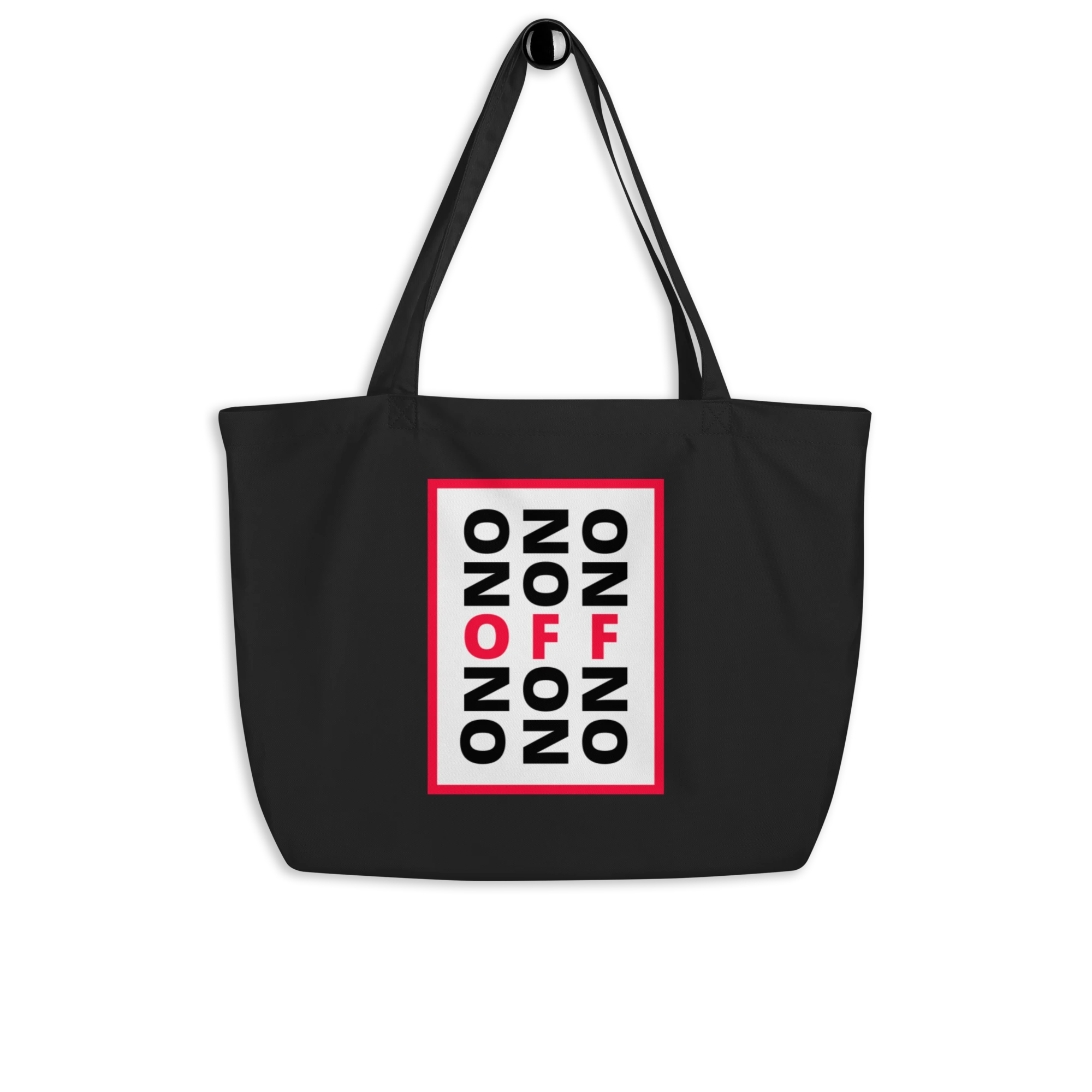 LE SOBOL ON OFF Dark Form tote with front print hanging by handles