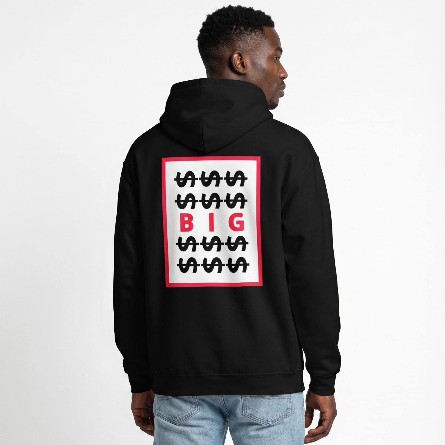 Man wearing LE SOBOL $$ BIG hoodie in black with back CODE print