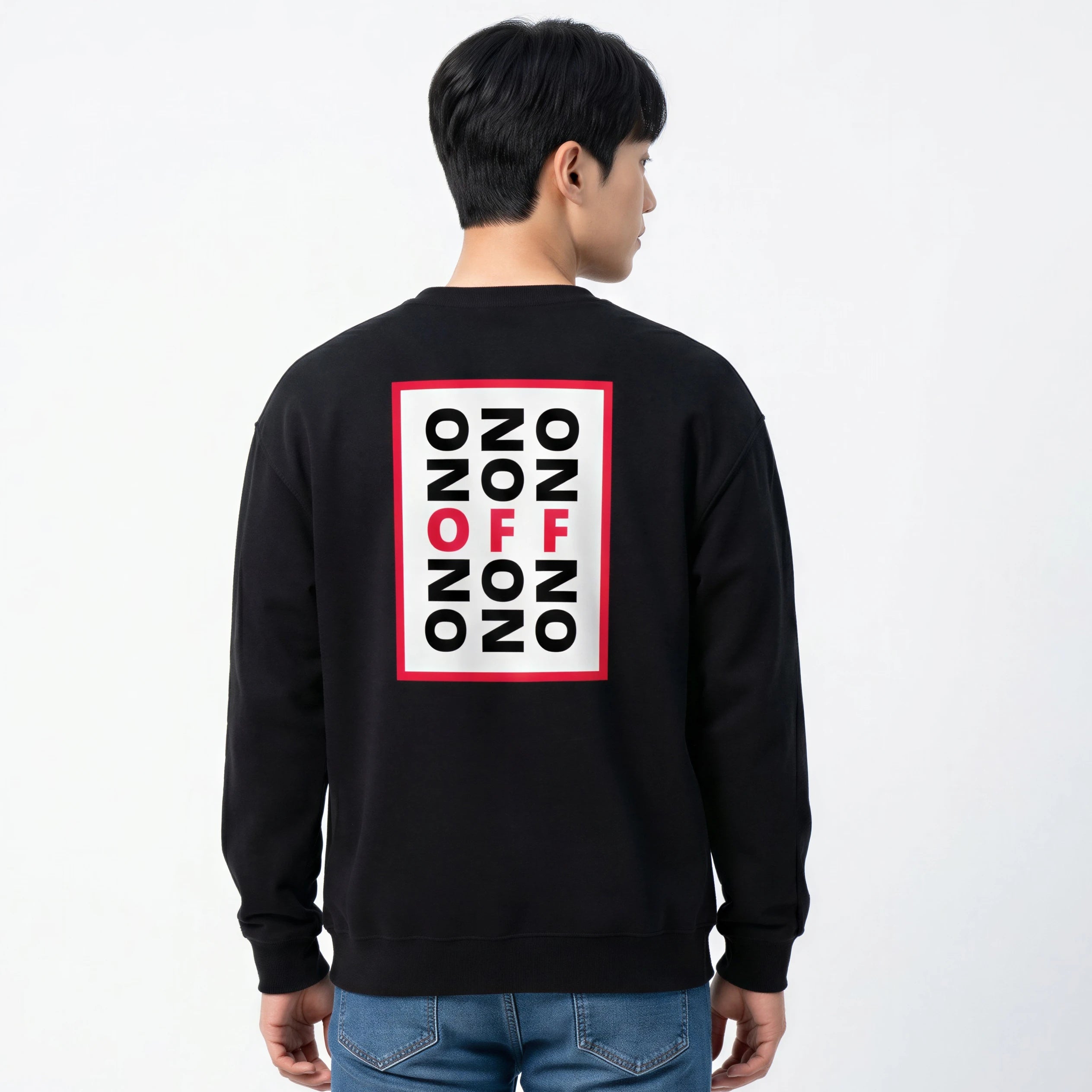 man wearing LE SOBOL ON OFF sweatshirt in black, back view