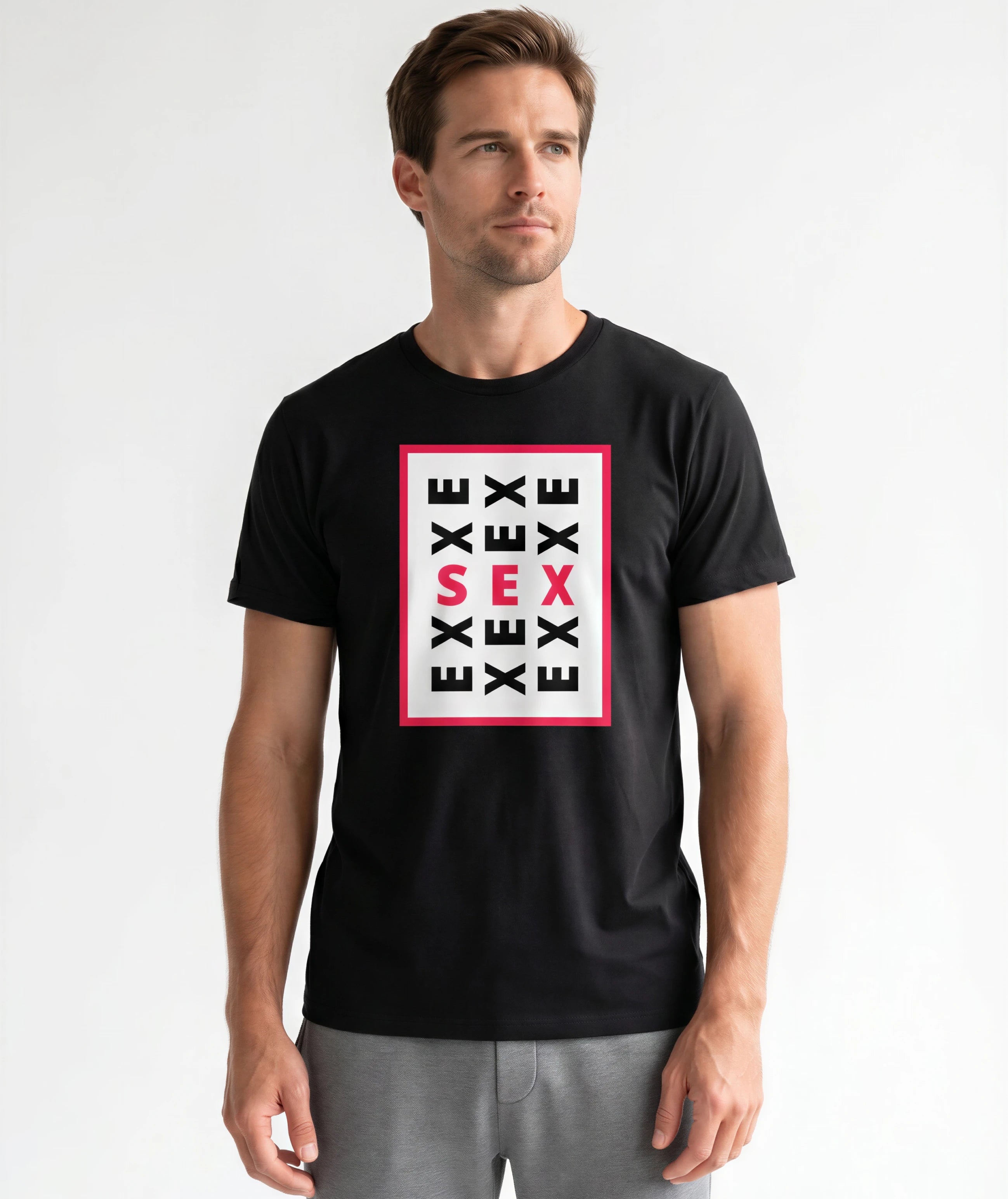 Man wearing LE SOBOL EX SEX T-Shirt in black with front print 