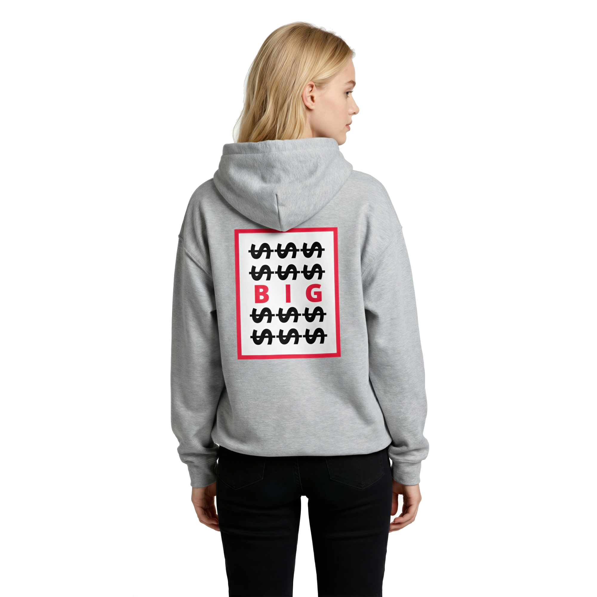 Woman wearing LE SOBOL $$ BIG hoodie in carbon grey with back CODE print