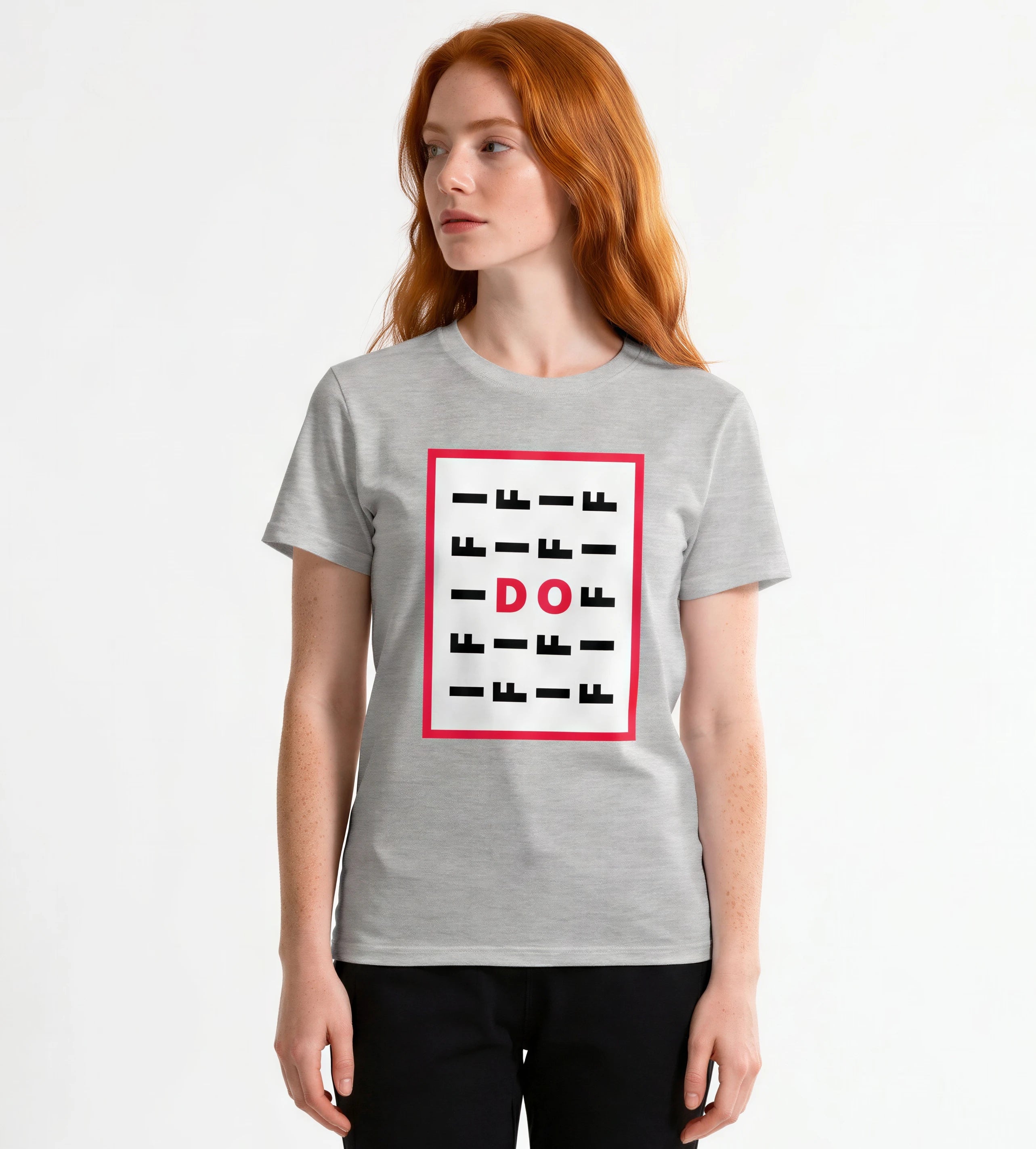 Woman wearing LE SOBOL IF DO T-Shirt in carbon grey with front print 
